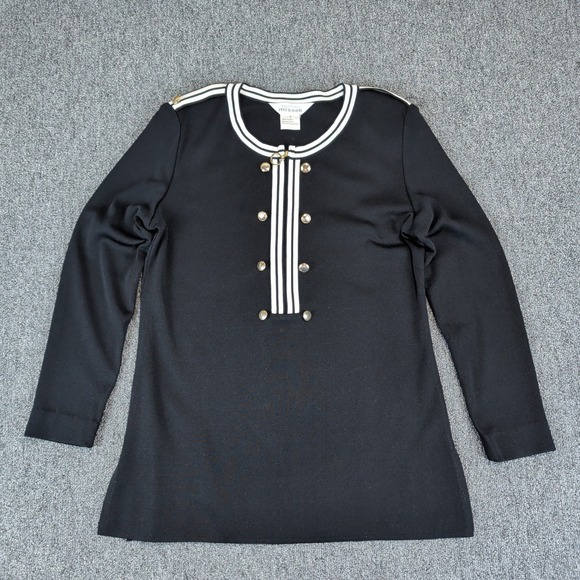 Misook Nautical Knit Tunic Top Womens Small Black White Striped Gold Button S — photo 2